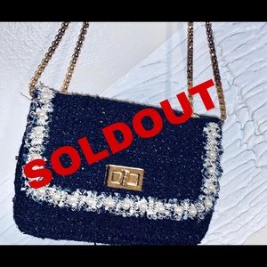 Tweed Denim and Pearl Designer Style Crossbody